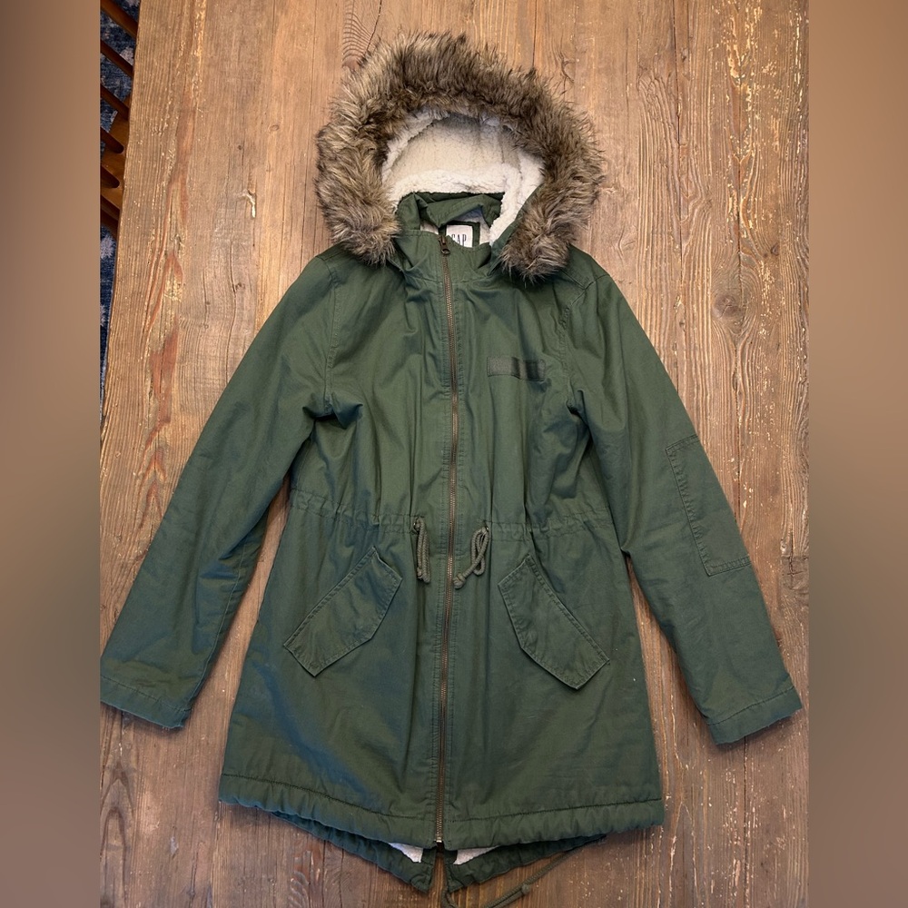 GAP Olive Utility Jacket with Faux Fur Trim
